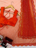 Fabulous Orange Sequins Work Net Party Wear Saree