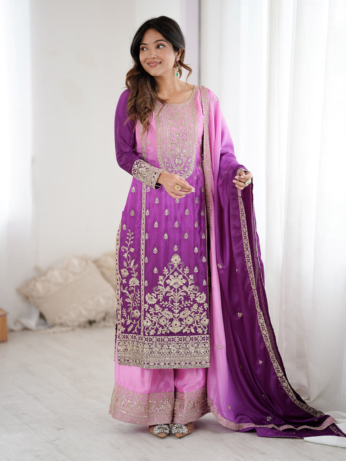Dazzling Lavender Embroidered Chinon Festive Wear Sharara Suit