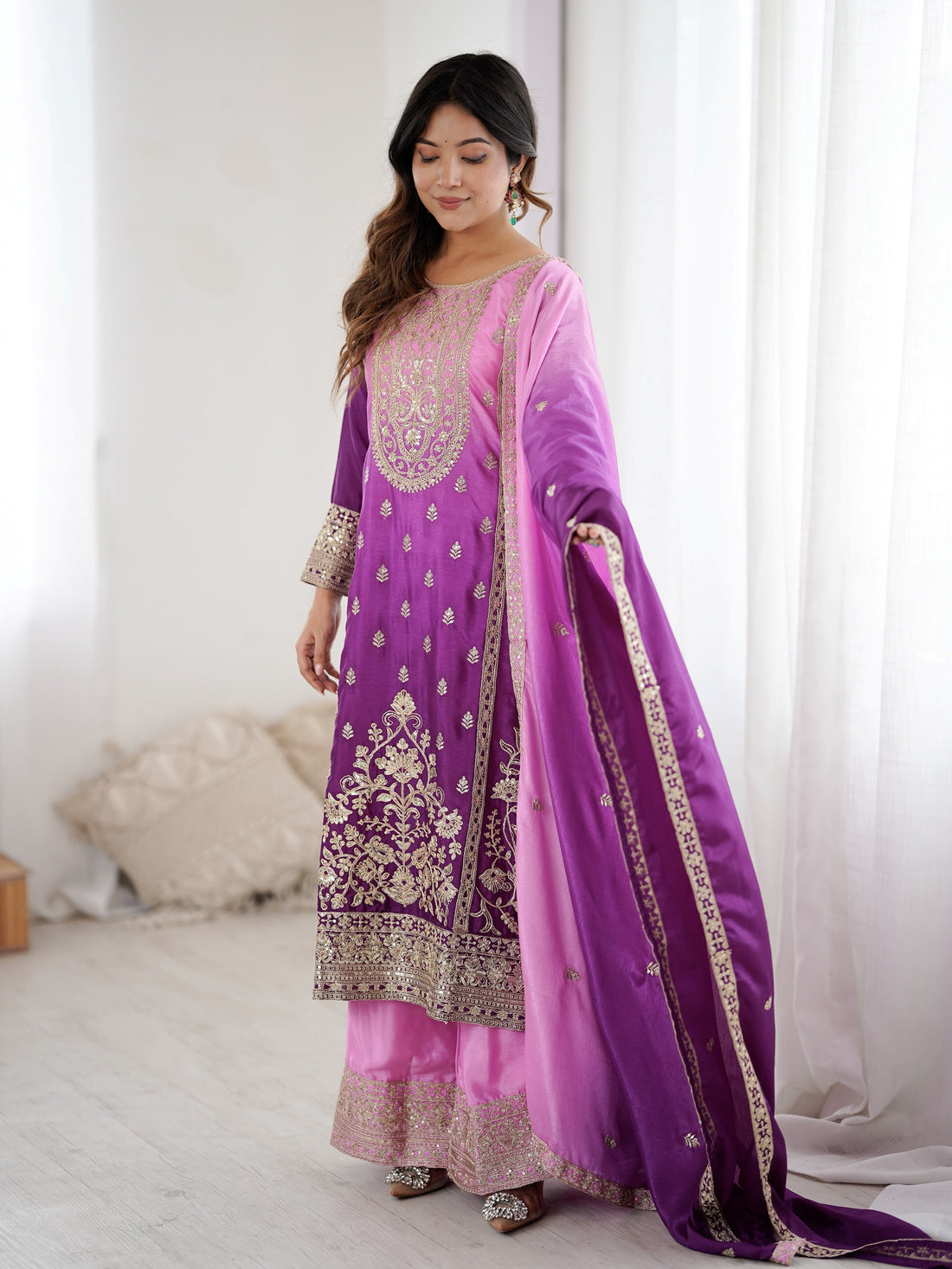 Dazzling Lavender Embroidered Chinon Festive Wear Sharara Suit