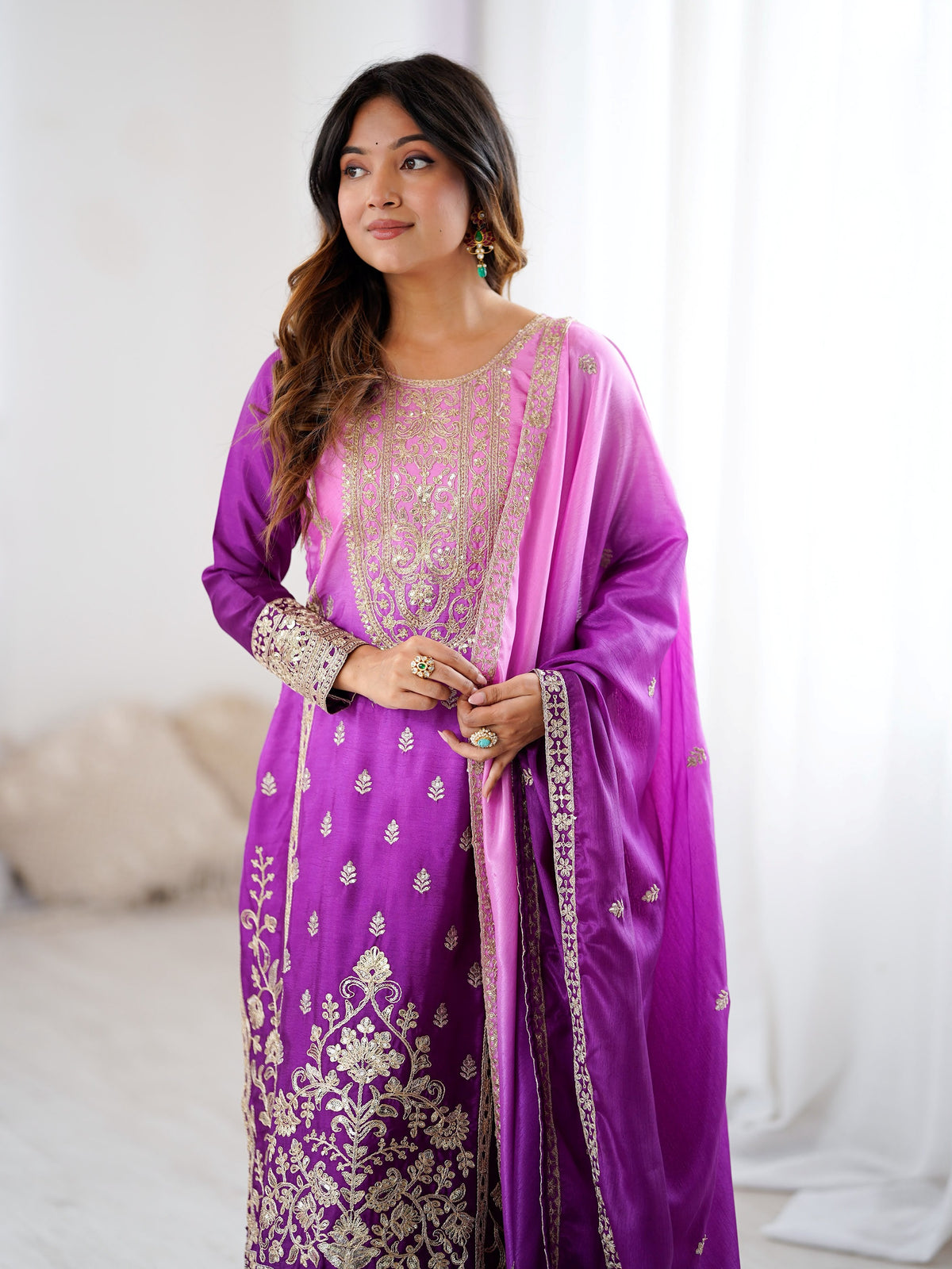 Dazzling Lavender Embroidered Chinon Festive Wear Sharara Suit