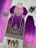Dazzling Lavender Embroidered Chinon Festive Wear Sharara Suit