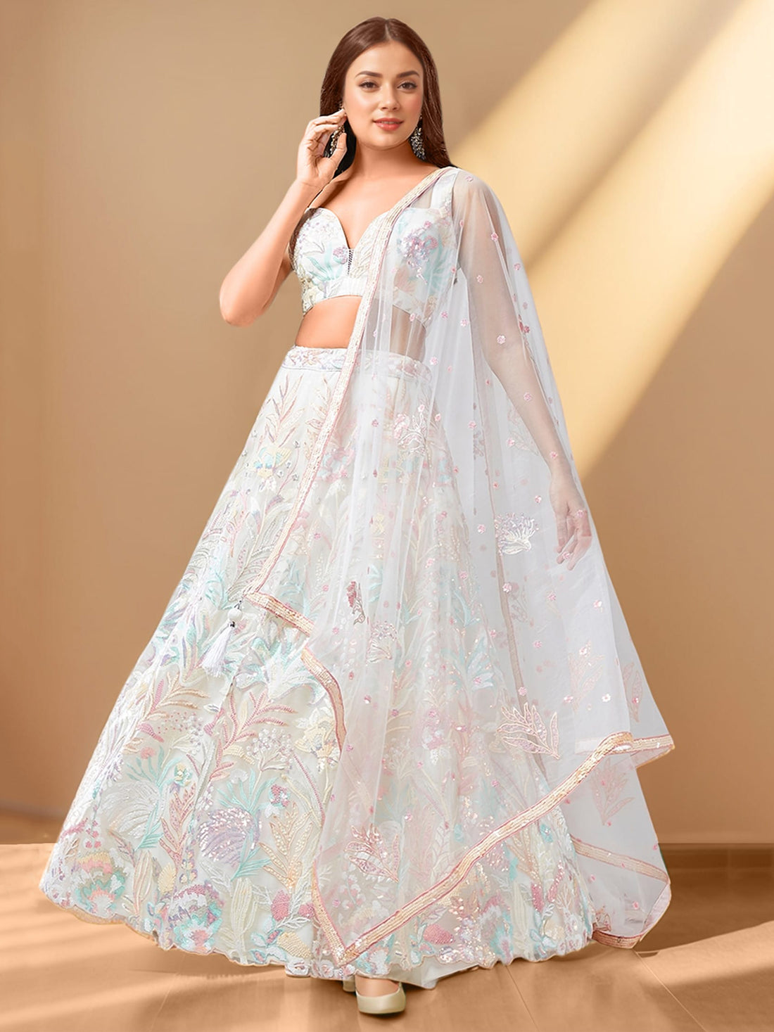 Stunning Off-White Sequins Net Bridesmaid Lehenga Choli With Dupatta