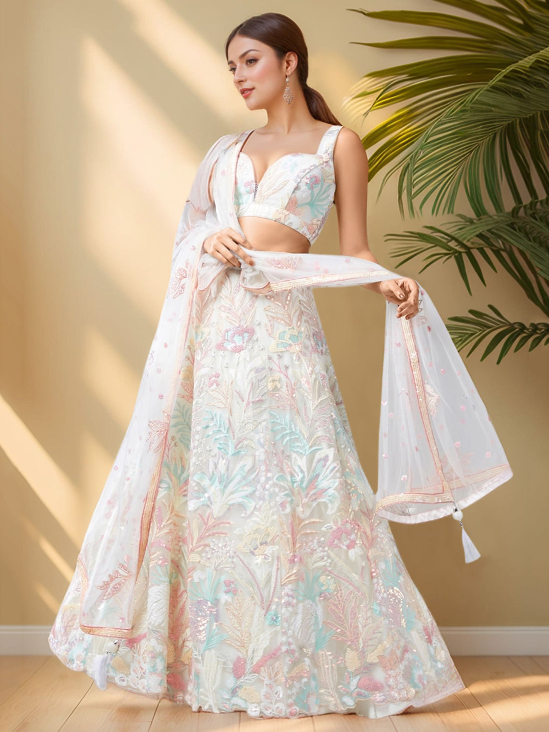 Stunning Off-White Sequins Net Bridesmaid Lehenga Choli With Dupatta