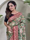 Astonishing Green Pichwai Printed Viscose Silk Traditional Saree With Blouse