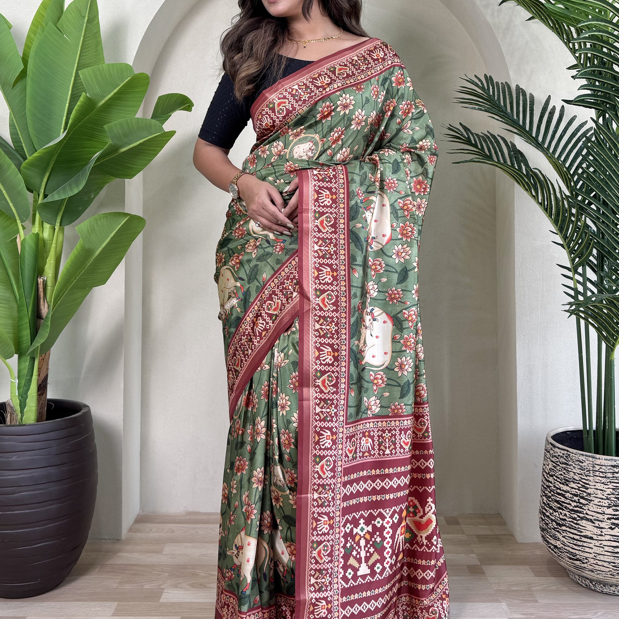 Astonishing Green Pichwai Printed Viscose Silk Traditional Saree With Blouse