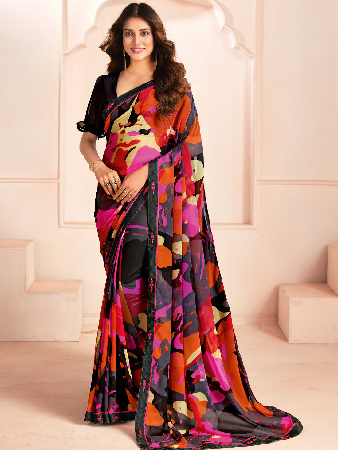 Wonderful Multi-Color Digital Printed Georgette Saree With Black Blouse