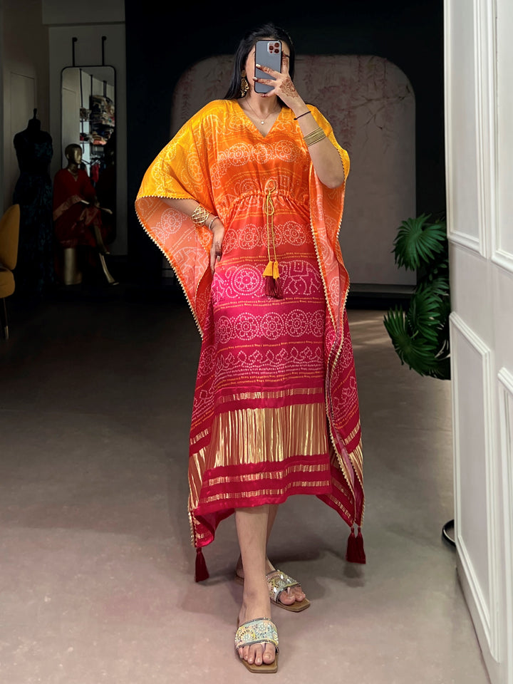 Majestic Yellow Printed Gaji Silk Festival Wear Kaftan