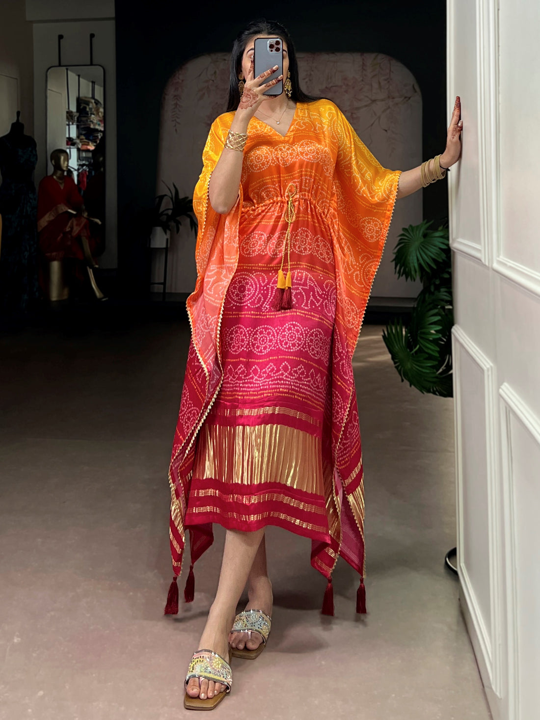 Majestic Yellow Printed Gaji Silk Festival Wear Kaftan