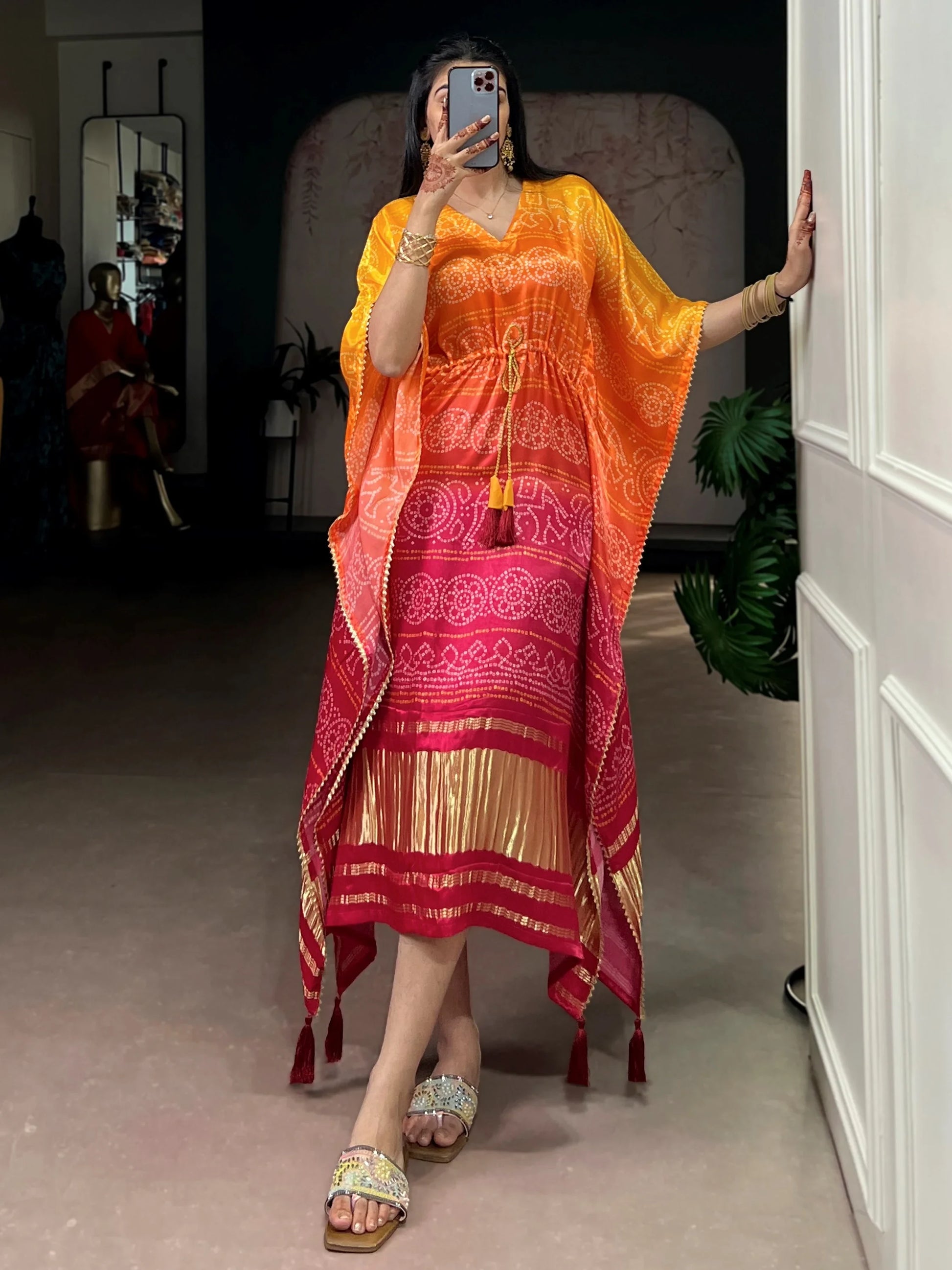 Majestic Yellow Printed Gaji Silk Festival Wear Kaftan
