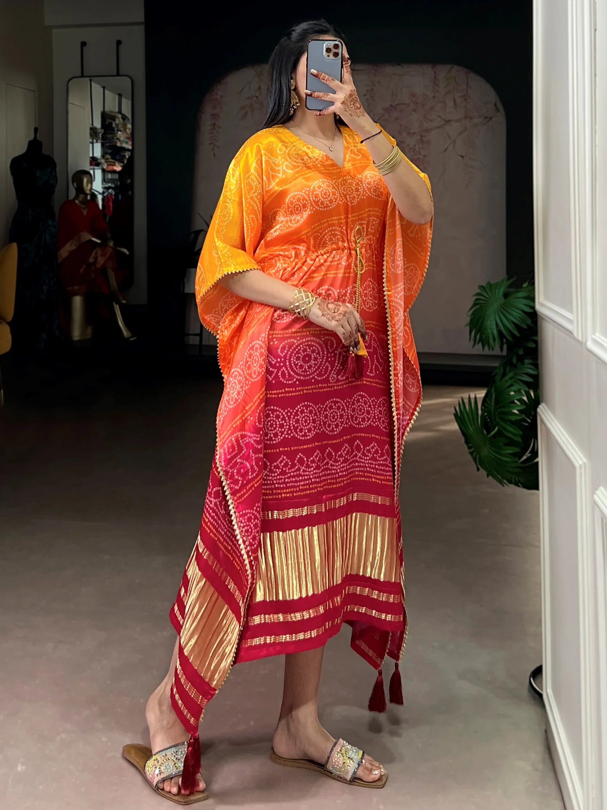 Majestic Yellow Printed Gaji Silk Festival Wear Kaftan