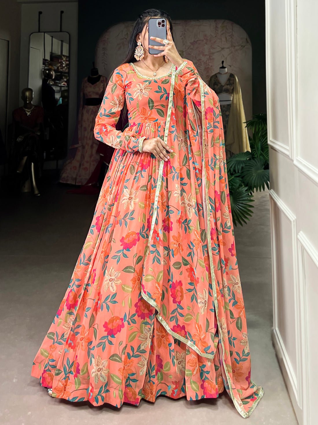 Bewitching Peach Floral Printed Georgette Festive Wear Gown With Dupatta