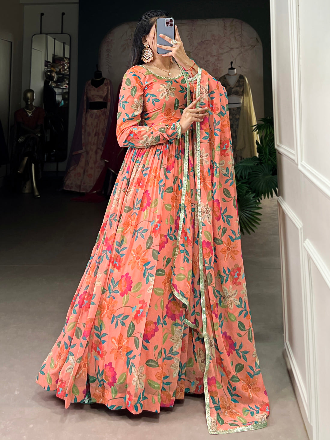 Bewitching Peach Floral Printed Georgette Festive Wear Gown With Dupatta