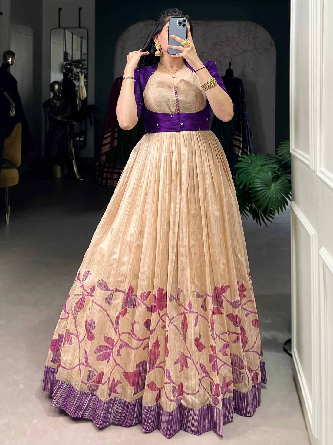Excellent Cream & Purple Printed Festival Wear Silk Gown With Jacket
