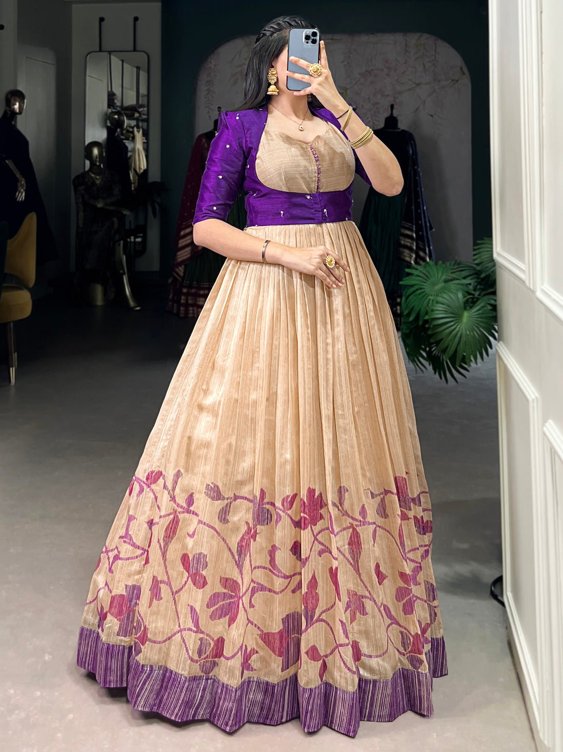 Excellent Cream & Purple Printed Festival Wear Silk Gown With Jacket