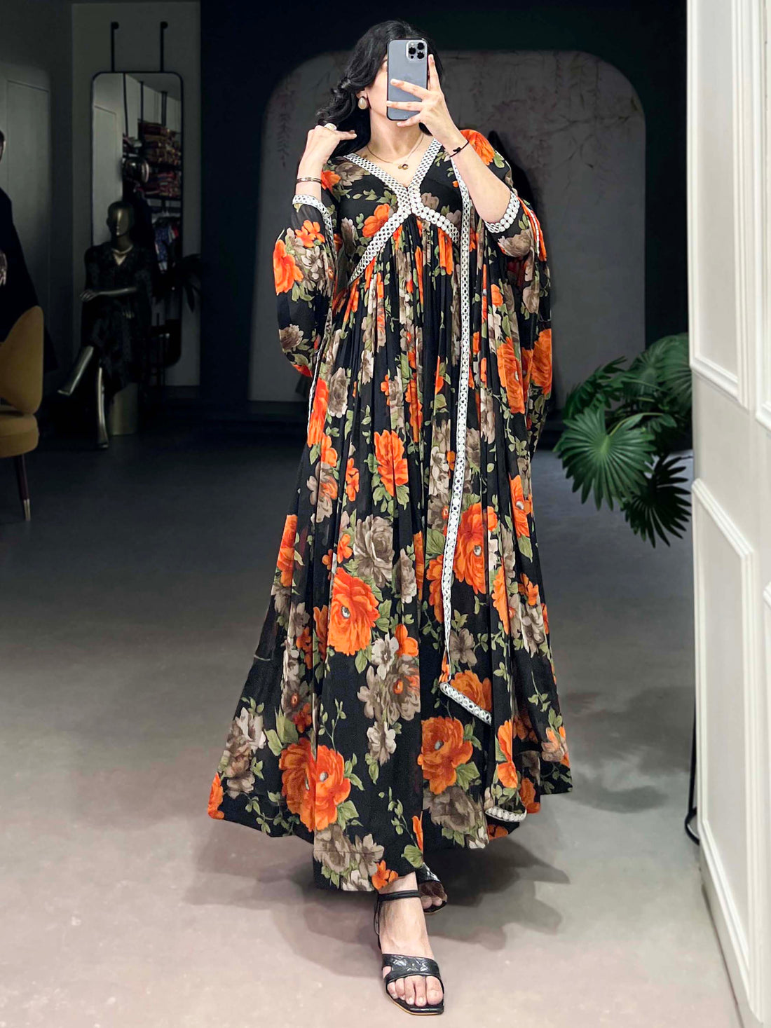 Lovely Black Floral Printed Georgette Casual Wear Gown With Dupatta