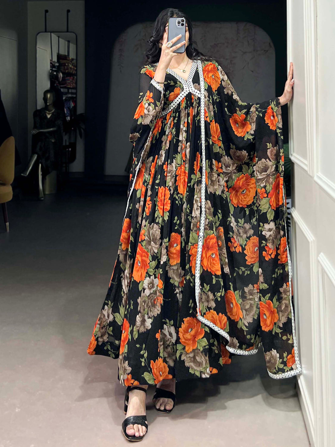 Lovely Black Floral Printed Georgette Casual Wear Gown With Dupatta