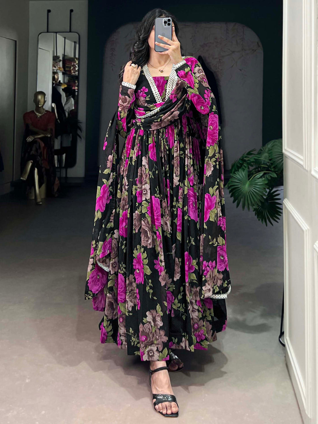 Attractive Black Floral Printed Georgette Event Wear Gown With Dupatta