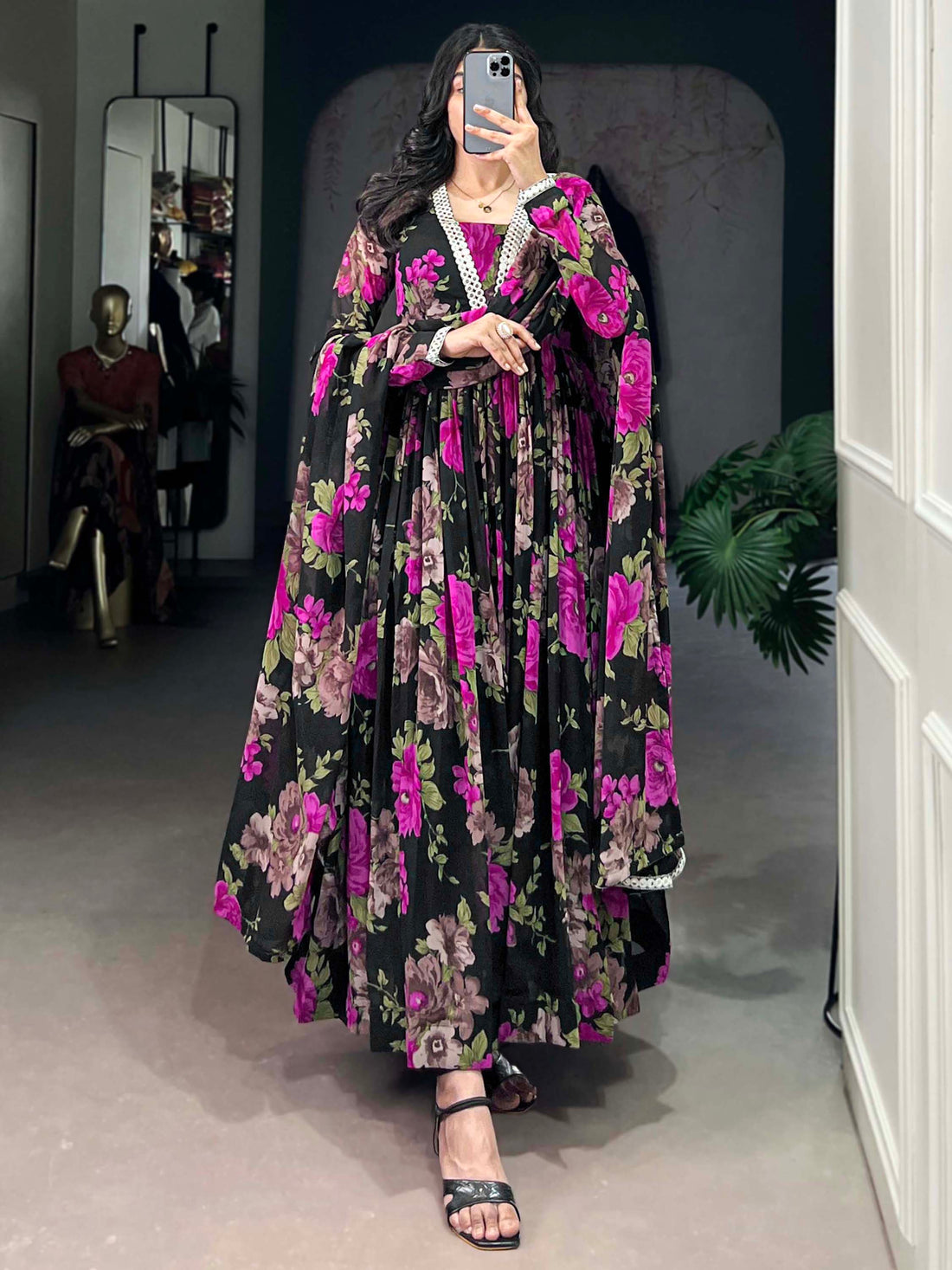 Attractive Black Floral Printed Georgette Event Wear Gown With Dupatta