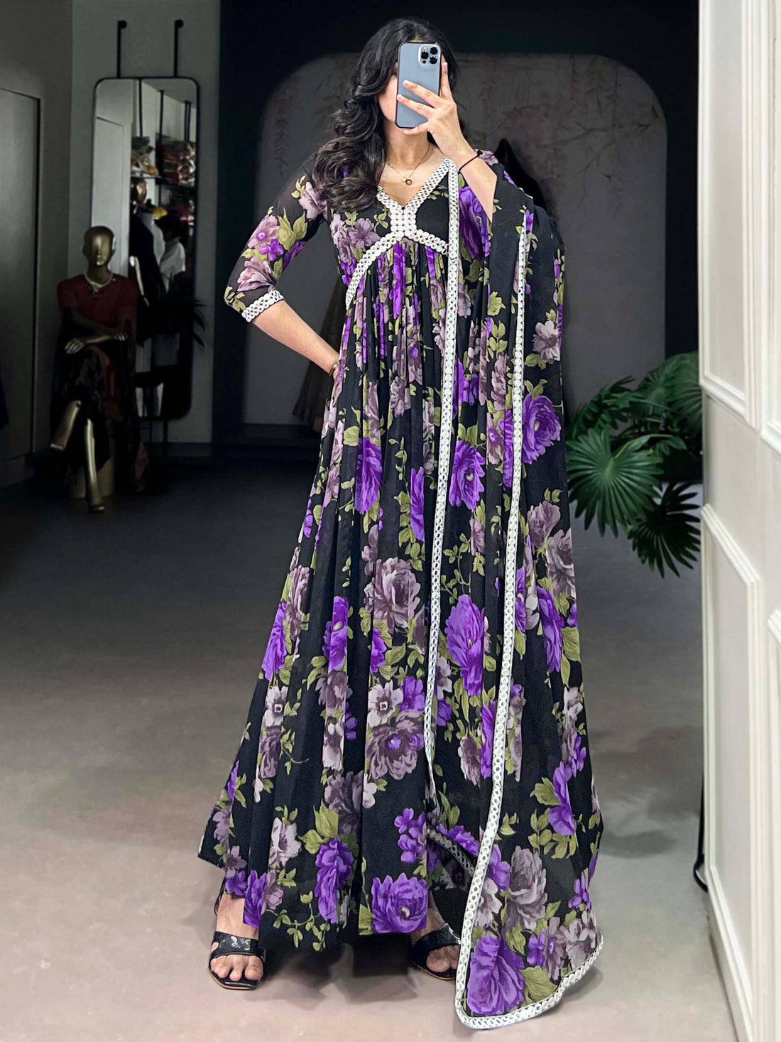 Stunning Black Floral Printed Georgette Traditional Gown With Dupatta