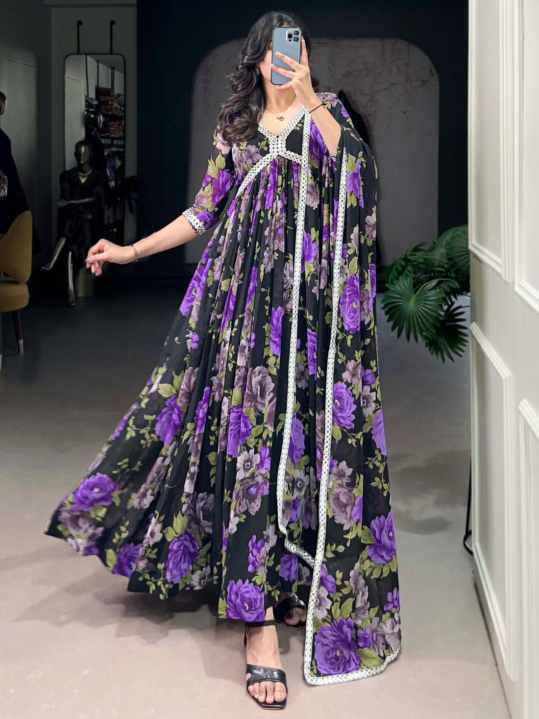 Stunning Black Floral Printed Georgette Traditional Gown With Dupatta