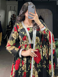 Spectacular Black Floral Printed Georgette Festival Wear Gown