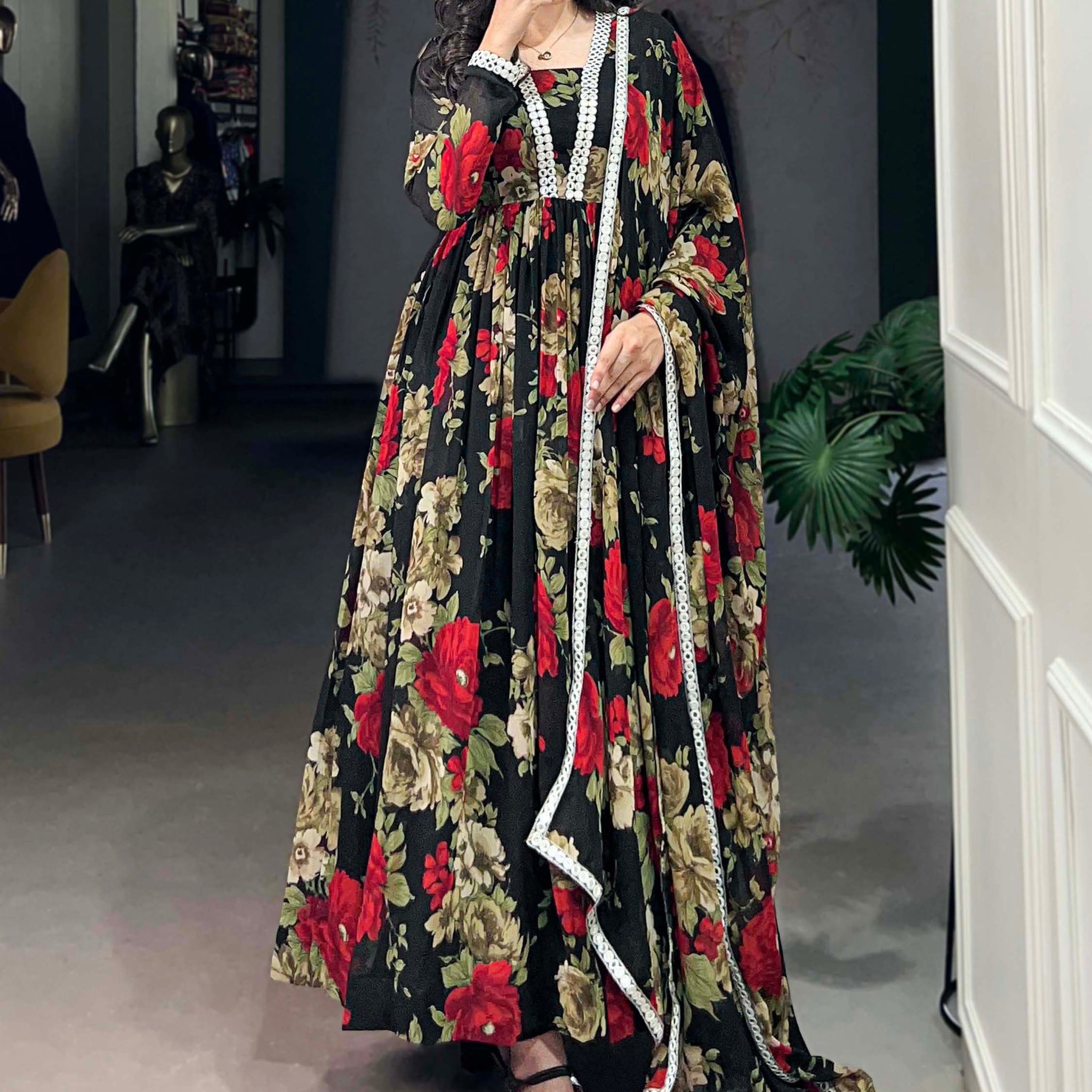 Spectacular Black Floral Printed Georgette Festival Wear Gown