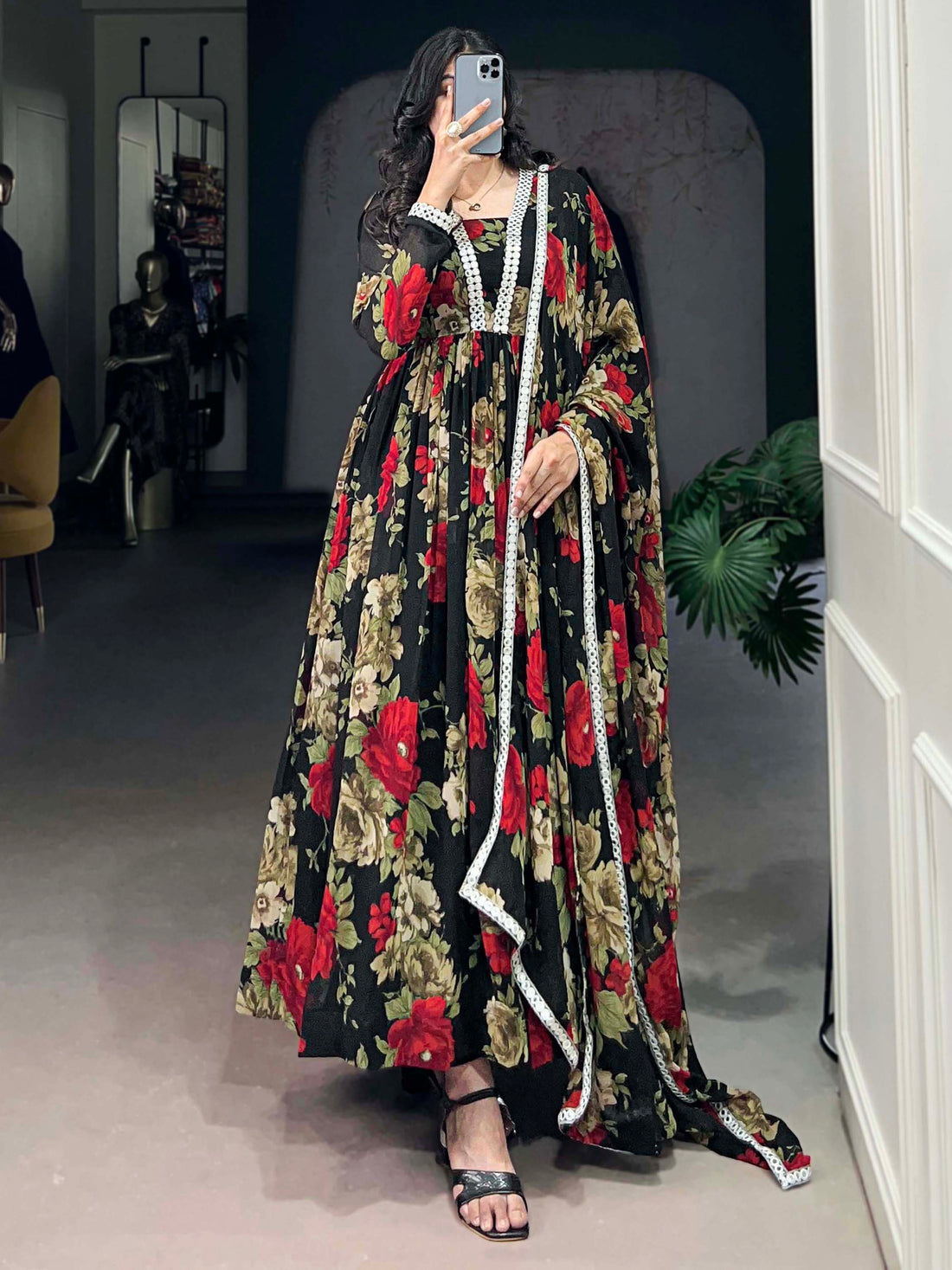 Spectacular Black Floral Printed Georgette Festival Wear Gown