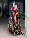 Spectacular Black Floral Printed Georgette Festival Wear Gown
