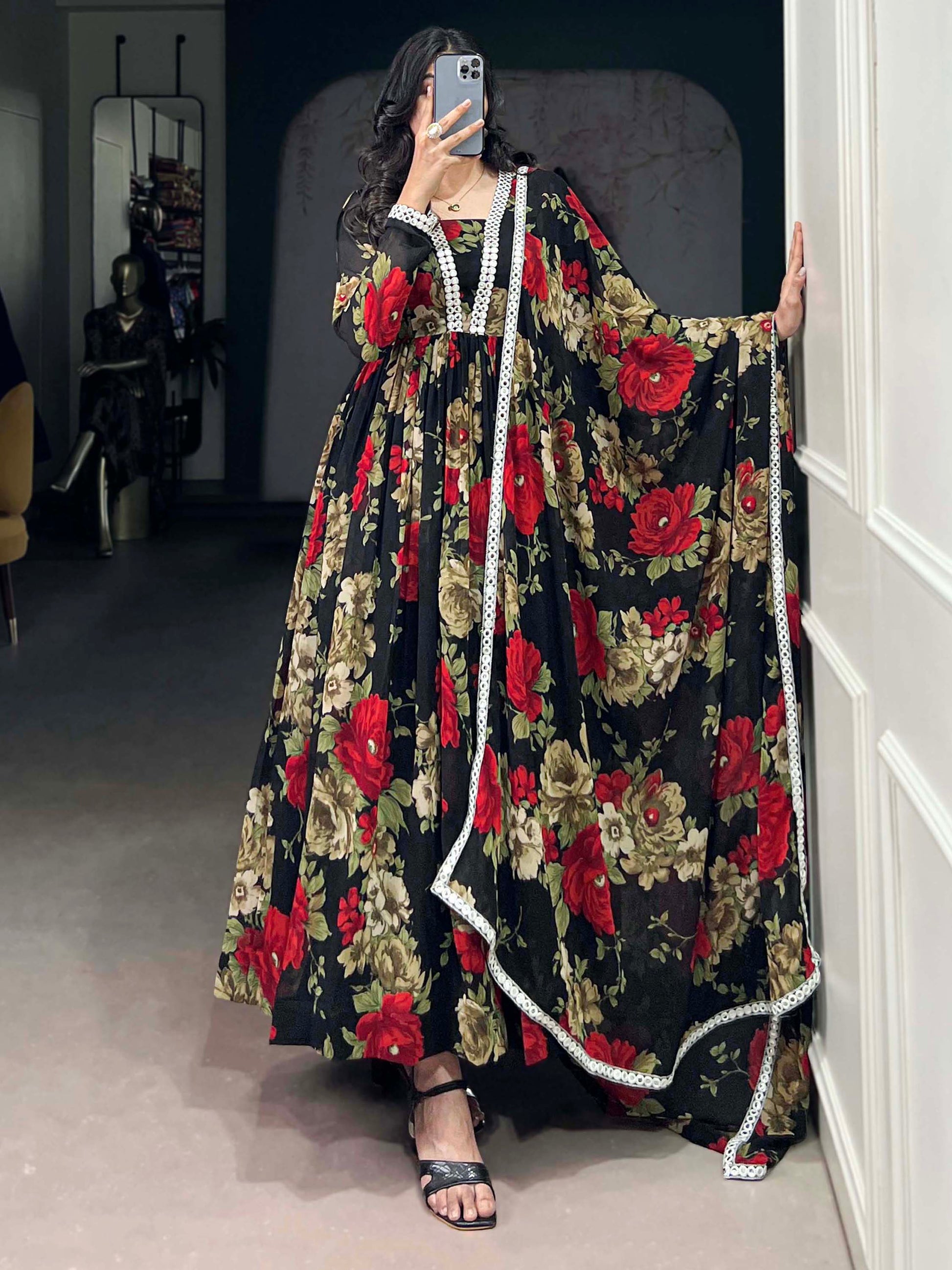 Spectacular Black Floral Printed Georgette Festival Wear Gown