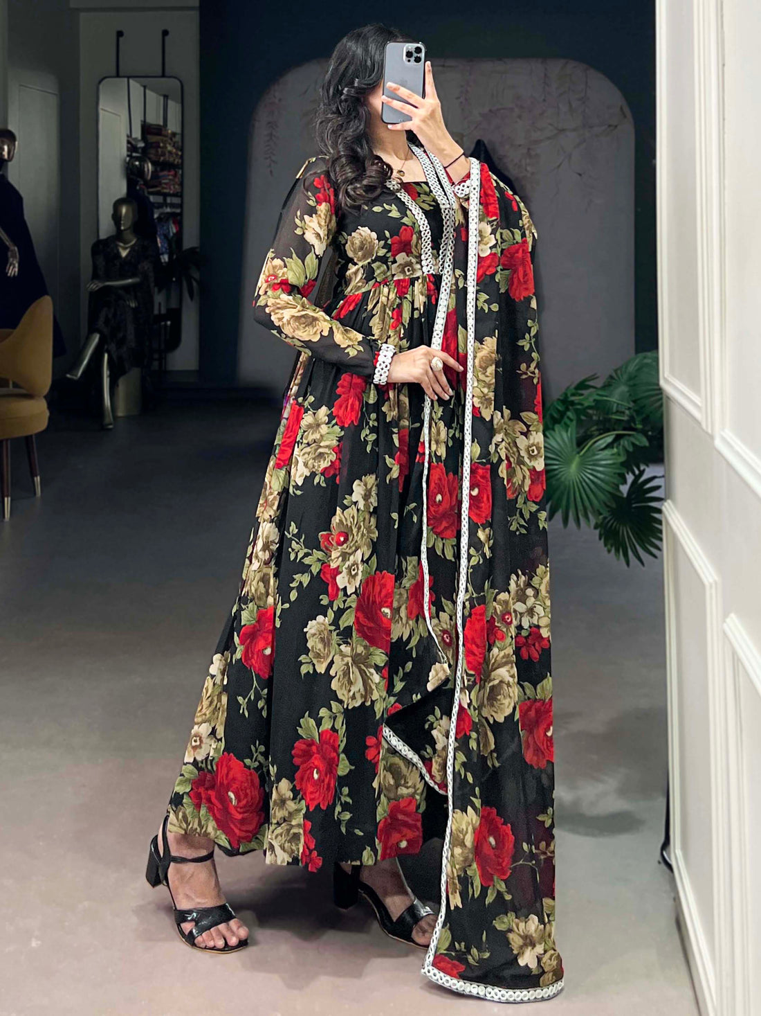 Spectacular Black Floral Printed Georgette Festival Wear Gown