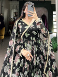Stunning Black Floral Printed Georgette Festive Wear Gown