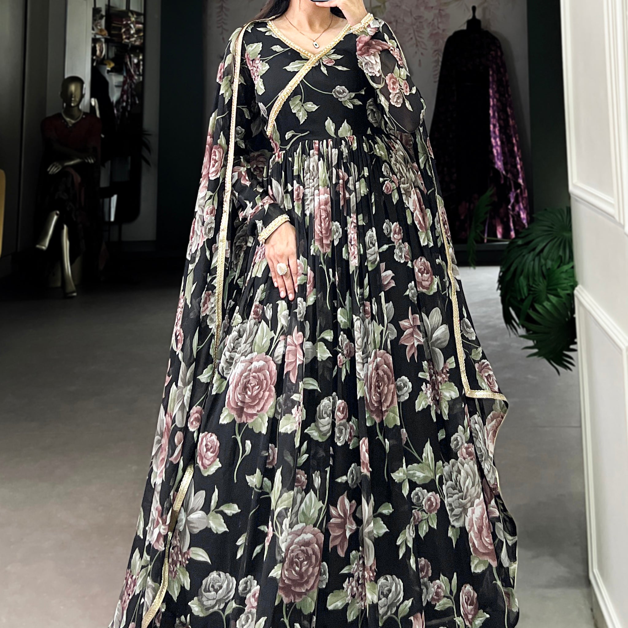 Stunning Black Floral Printed Georgette Festive Wear Gown