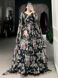 Stunning Black Floral Printed Georgette Festive Wear Gown