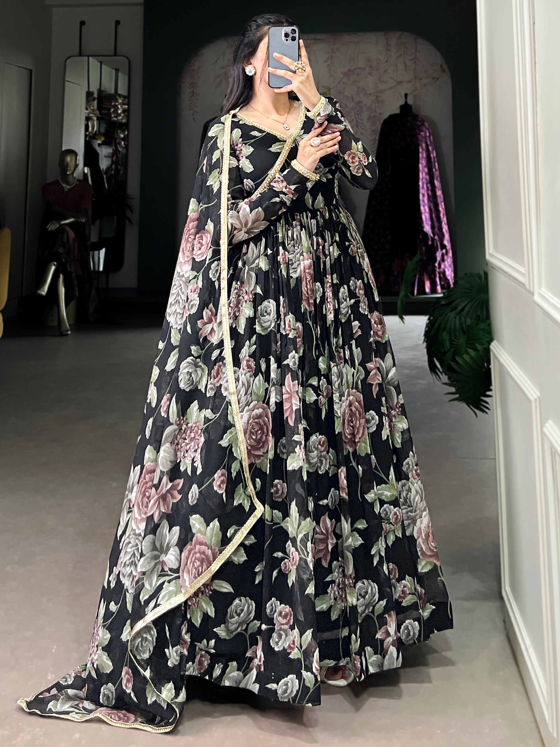 Stunning Black Floral Printed Georgette Festive Wear Gown