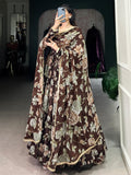 Fascinating Brown Floral Printed Georgette Evening Wear Gown With Dupatta