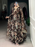 Fascinating Brown Floral Printed Georgette Evening Wear Gown With Dupatta