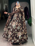 Fascinating Brown Floral Printed Georgette Evening Wear Gown With Dupatta