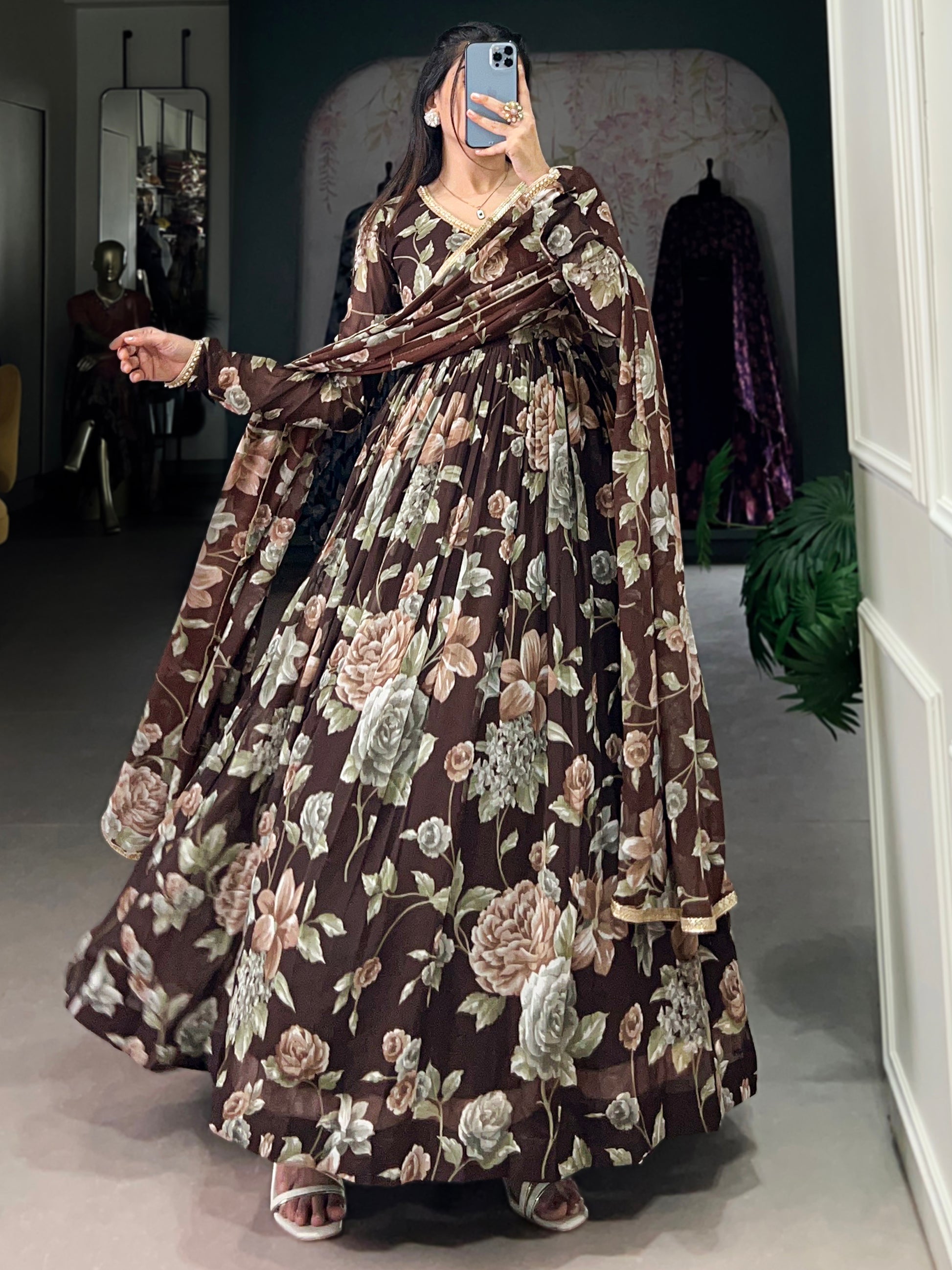 Fascinating Brown Floral Printed Georgette Evening Wear Gown With Dupatta