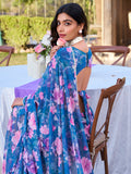 Beautiful Blue Floral Printed Chiffon Casual Wear Saree With Blouse