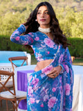 Beautiful Blue Floral Printed Chiffon Casual Wear Saree With Blouse
