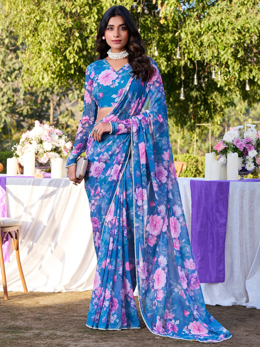 Beautiful Blue Floral Printed Chiffon Casual Wear Saree With Blouse