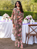 Captivating Olive Green Floral Printed Chiffon Event Wear Saree
