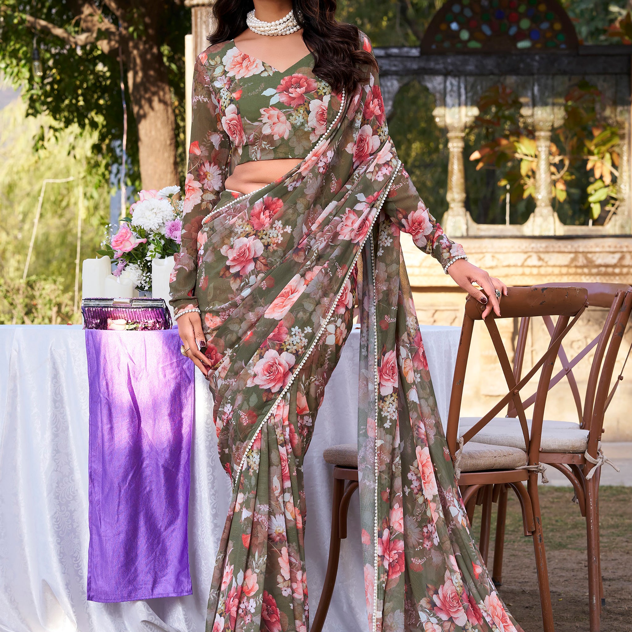 Captivating Olive Green Floral Printed Chiffon Event Wear Saree