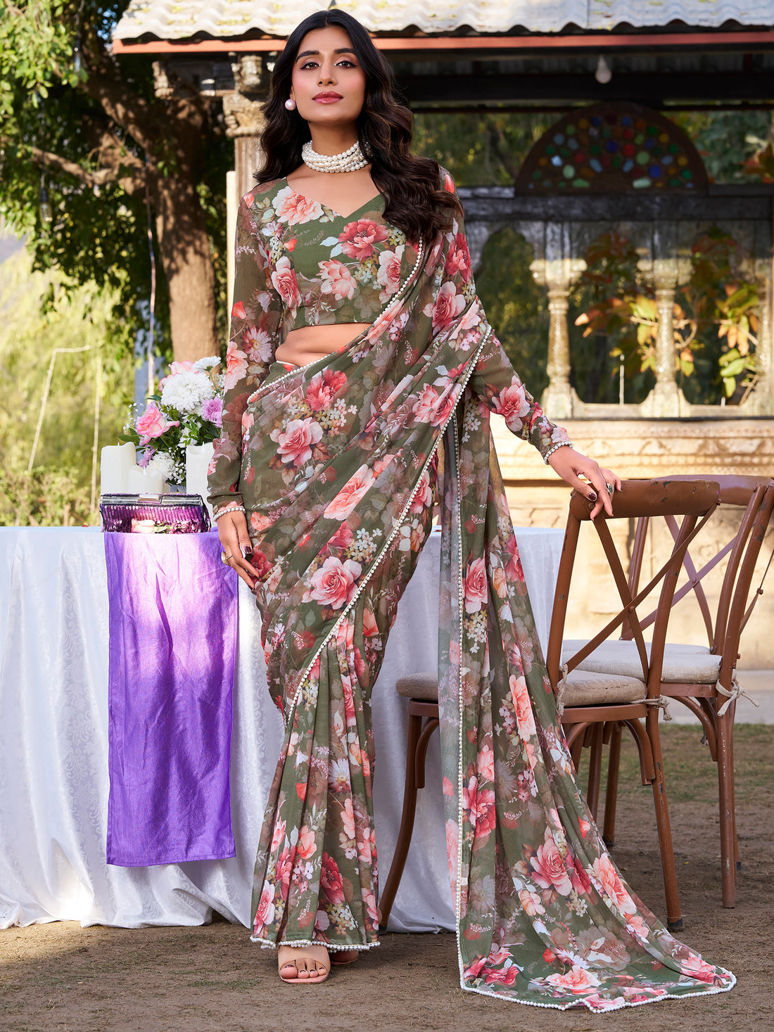 Captivating Olive Green Floral Printed Chiffon Event Wear Saree