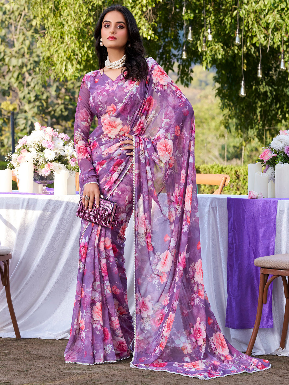 Enchanting Purple Floral Printed Chiffon Office Wear Saree With Blouse