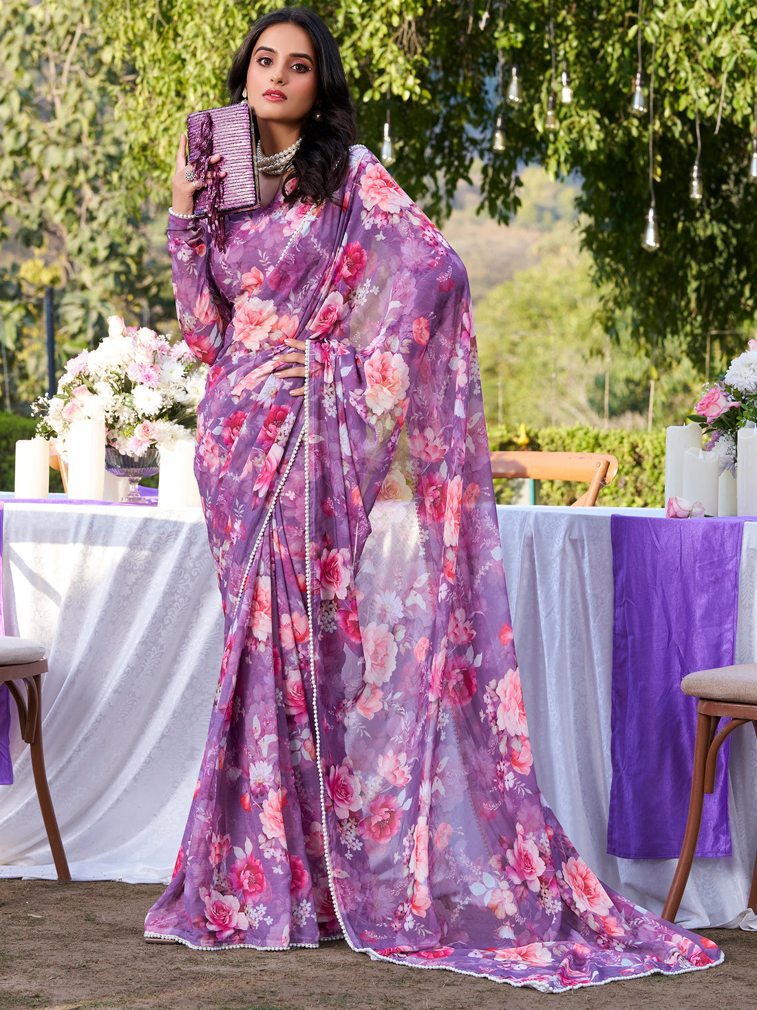 Enchanting Purple Floral Printed Chiffon Office Wear Saree With Blouse