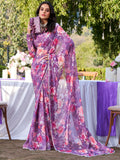 Enchanting Purple Floral Printed Chiffon Office Wear Saree With Blouse
