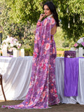 Enchanting Purple Floral Printed Chiffon Office Wear Saree With Blouse