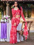 Alluring Red Floral Printed Chiffon Casual Wear Saree With Blouse