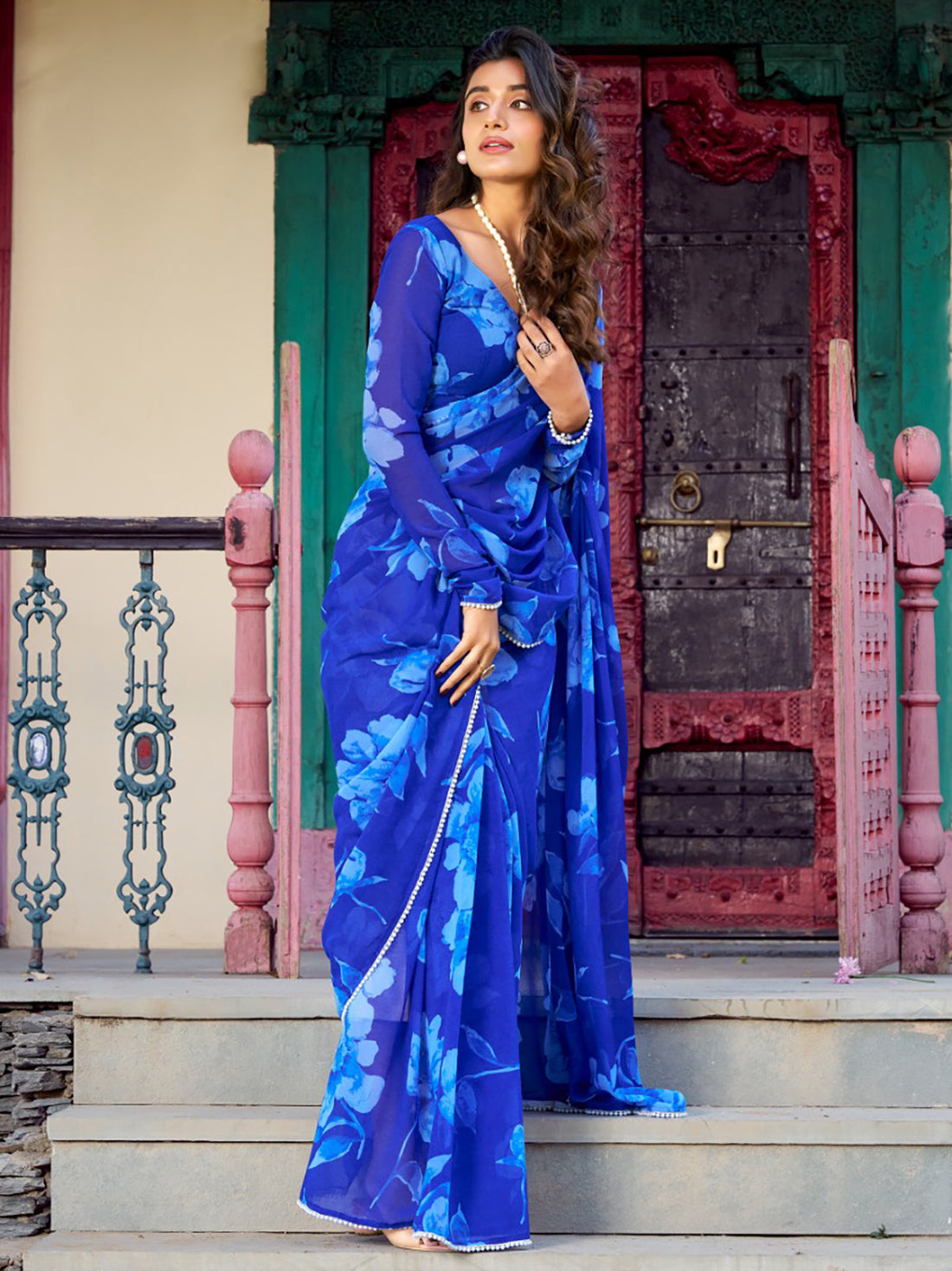 Awesome Blue Floral Printed Chiffon Casual Wear Saree With Blouse